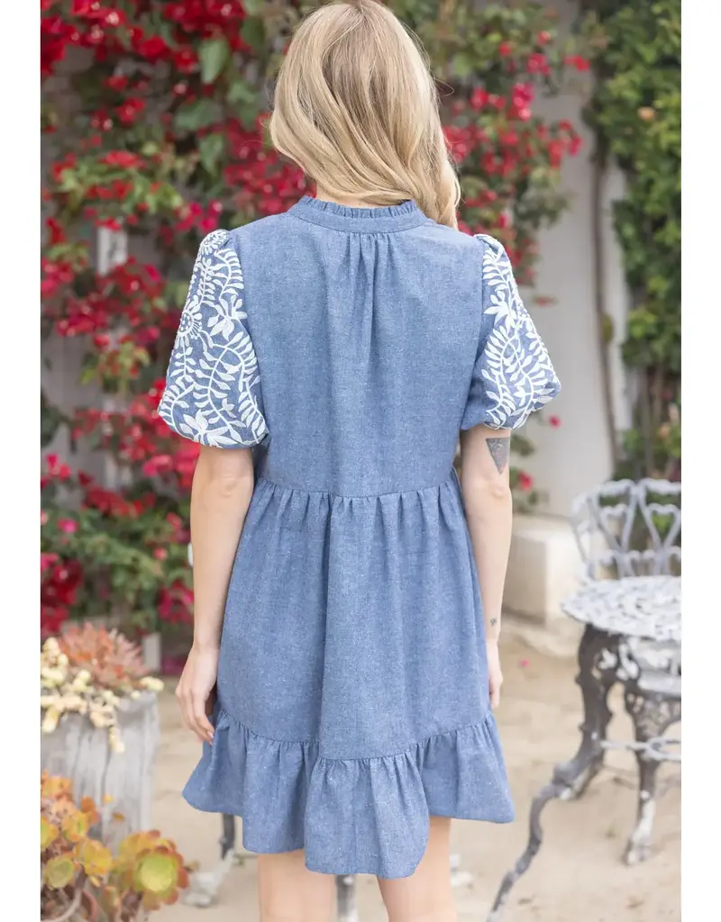 Emily Floral Embroidered Sleeve Chambray Tiered Dress