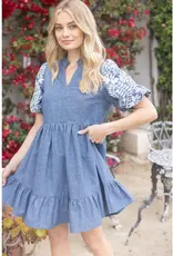 Emily Floral Embroidered Sleeve Chambray Tiered Dress