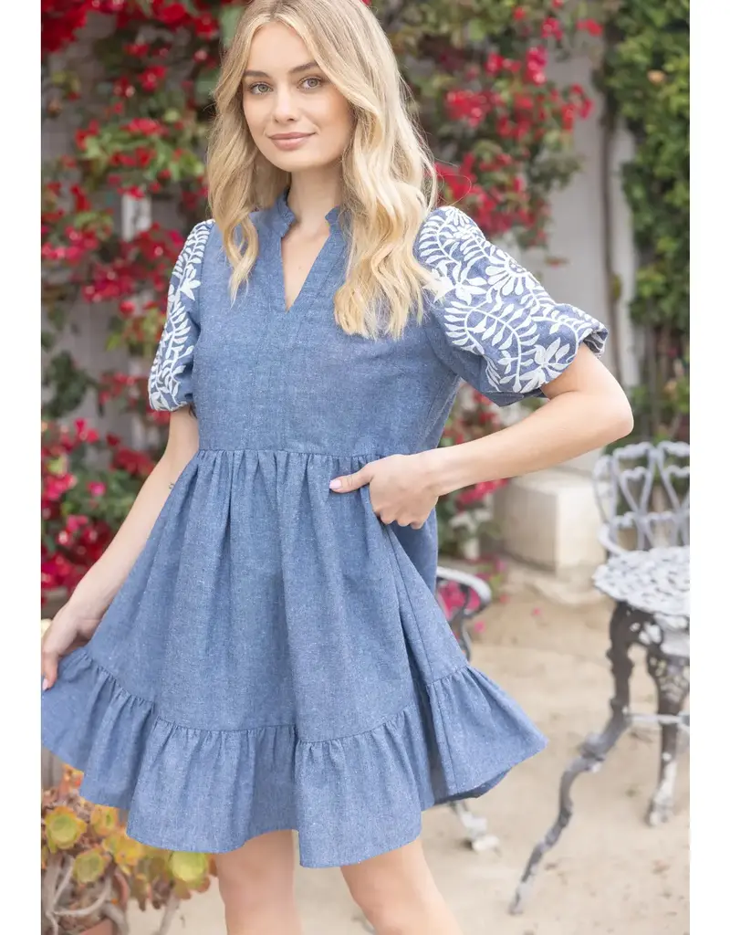 Emily Floral Embroidered Sleeve Chambray Tiered Dress