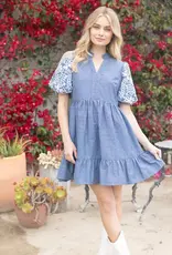 Emily Floral Embroidered Sleeve Chambray Tiered Dress