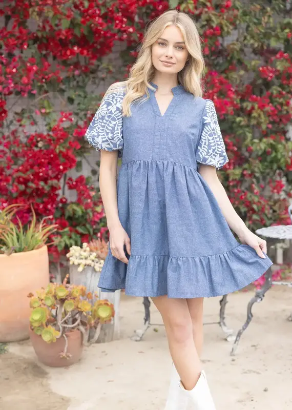 Emily Floral Embroidered Sleeve Chambray Tiered Dress
