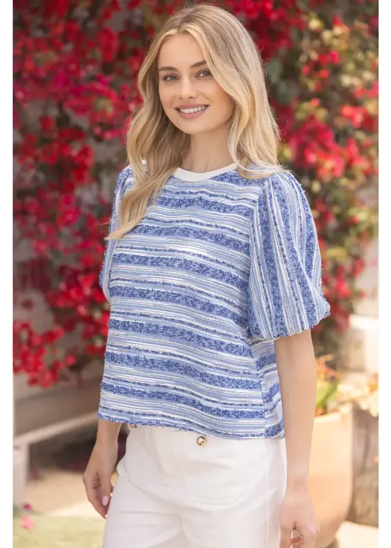 Hannah Half Puff Sleeve Stripe Textured Top