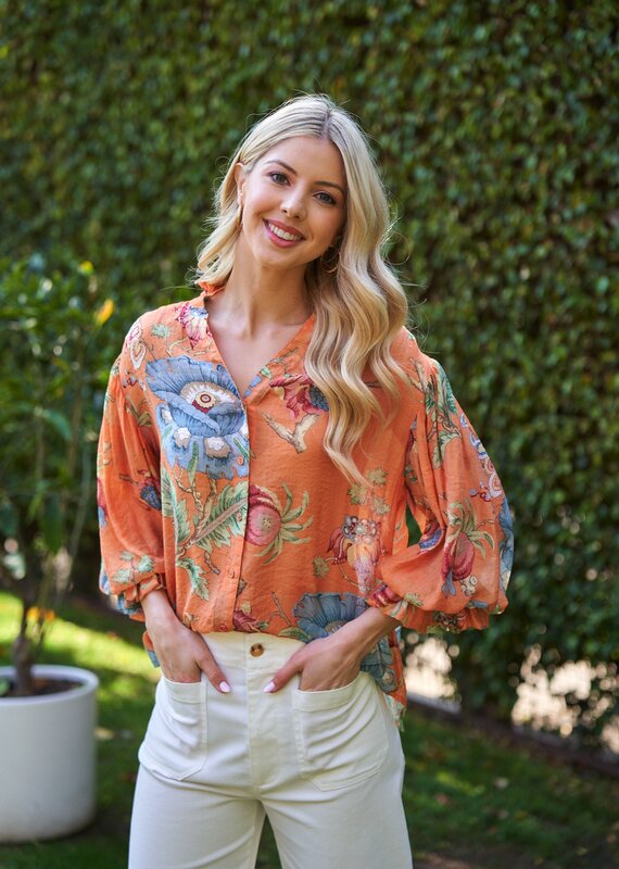 Floral Top With 3/4 Length Sleeve Detail