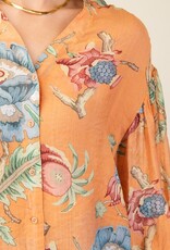 Floral Top With 3/4 Length Sleeve Detail
