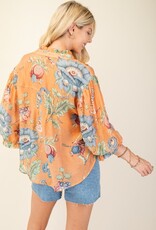 Floral Top With 3/4 Length Sleeve Detail