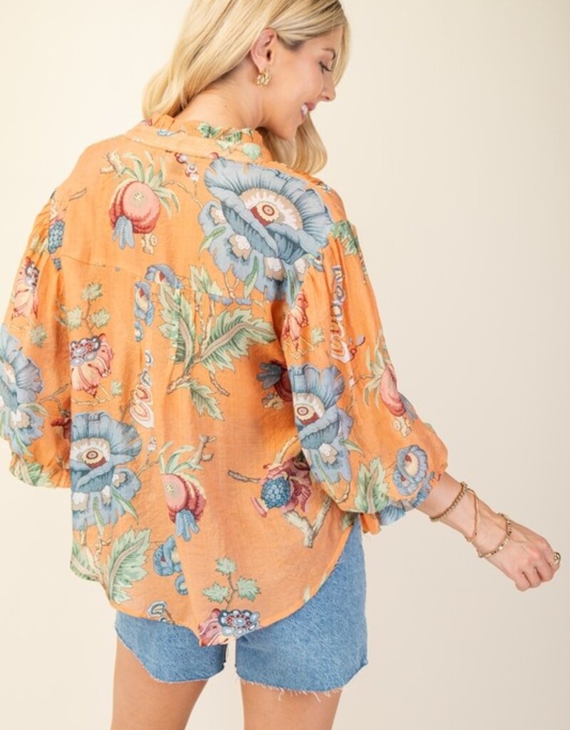 Floral Top With 3/4 Length Sleeve Detail