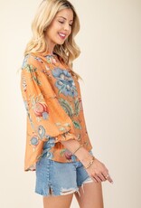 Floral Top With 3/4 Length Sleeve Detail