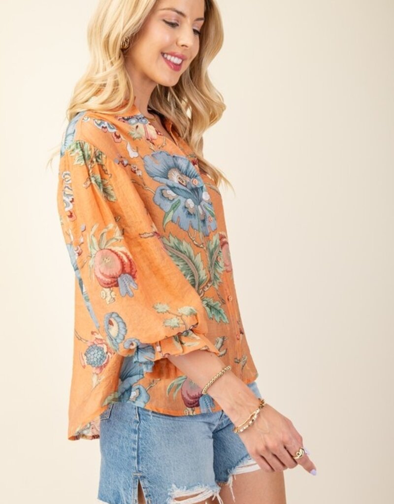 Floral Top With 3/4 Length Sleeve Detail