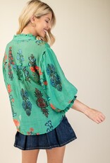 Floral Top With 3/4 Length Sleeve Detail