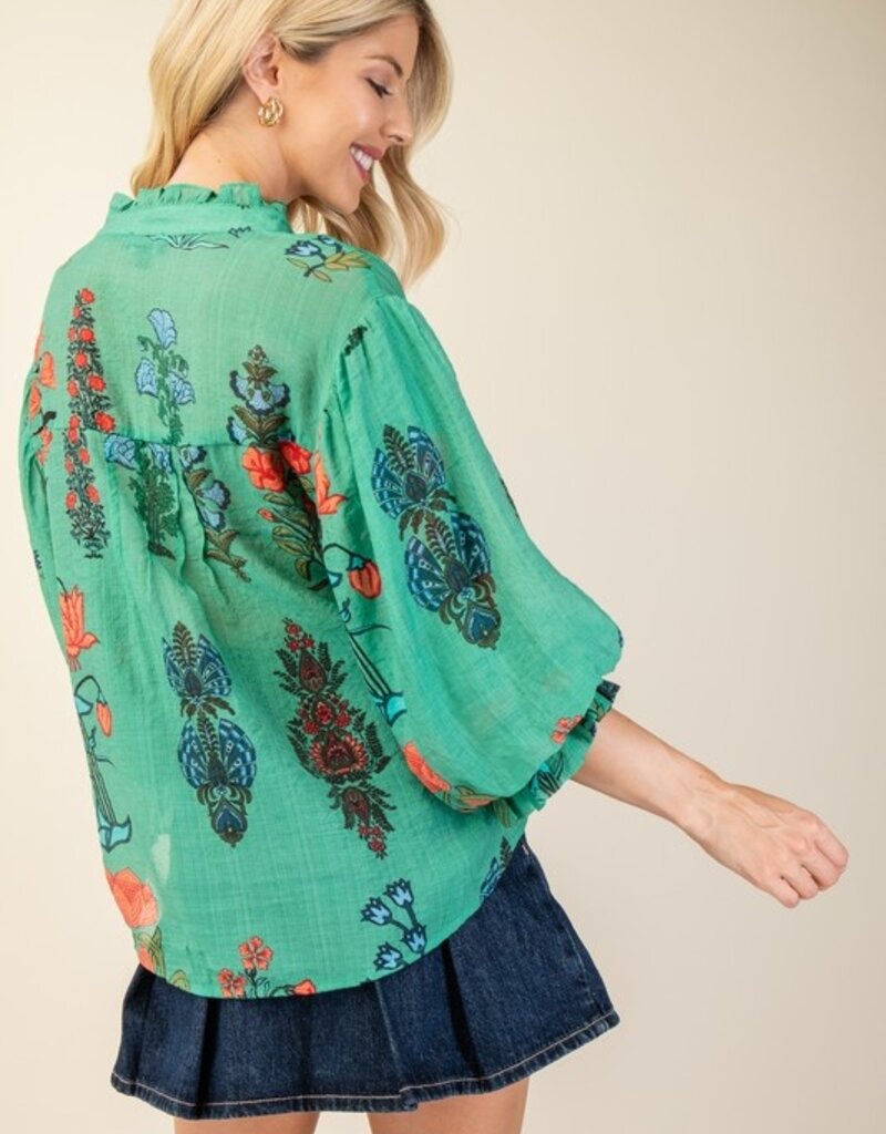 Floral Top With 3/4 Length Sleeve Detail