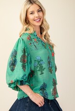 Floral Top With 3/4 Length Sleeve Detail