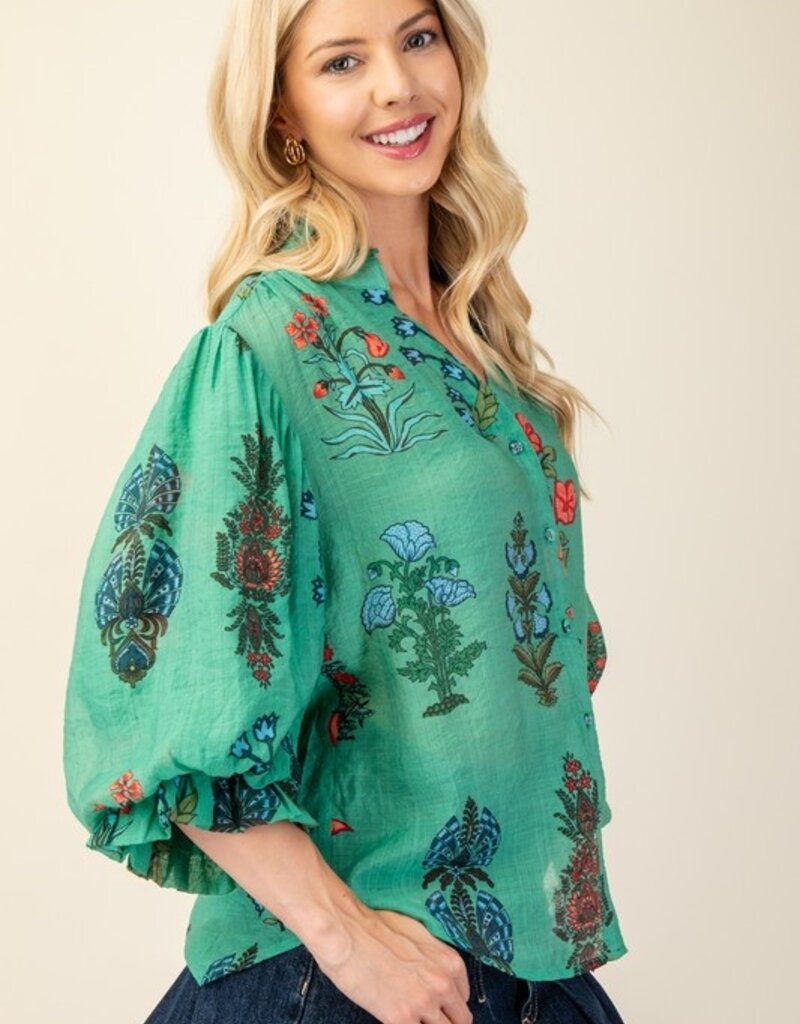Floral Top With 3/4 Length Sleeve Detail