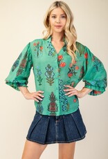 Floral Top With 3/4 Length Sleeve Detail