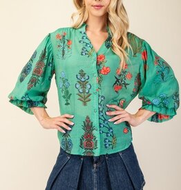 Floral Top With 3/4 Length Sleeve Detail