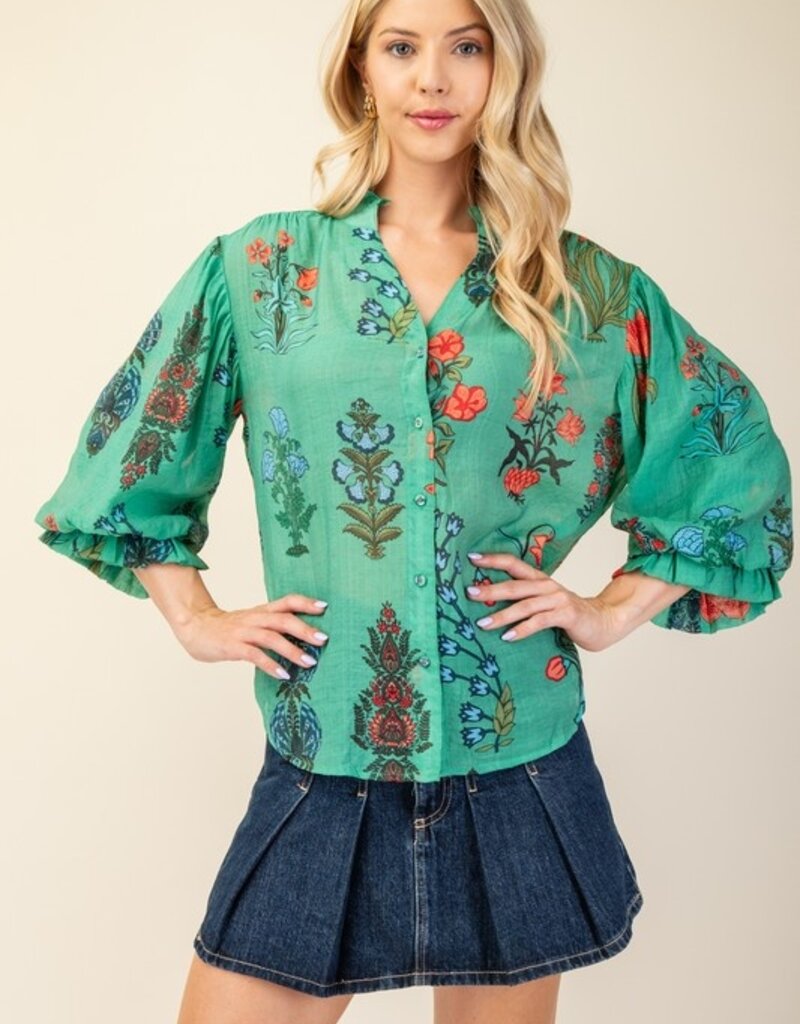 Floral Top With 3/4 Length Sleeve Detail
