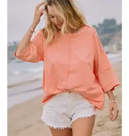 Acid Washed Mixed Fabric Pullover Top