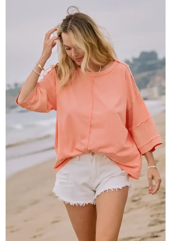 Acid Washed Mixed Fabric Pullover Top