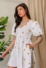 Daisy Floral Embroidered Puff Sleeve Denim Romper