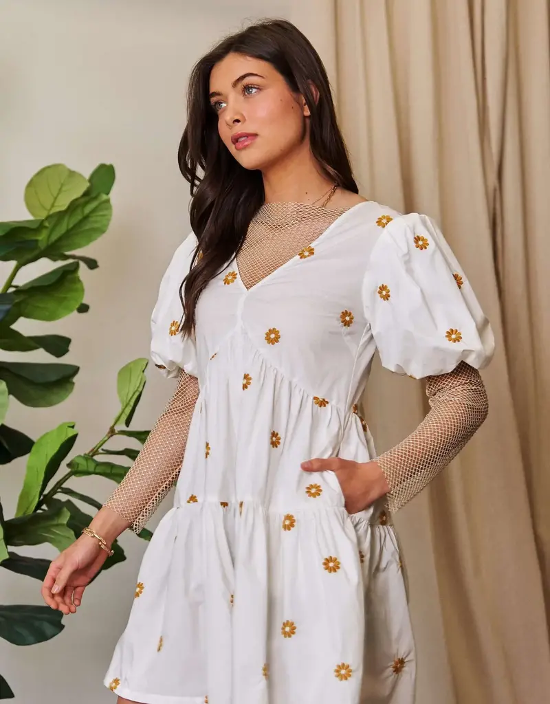 Daisy Floral Embroidered Puff Sleeve Denim Romper