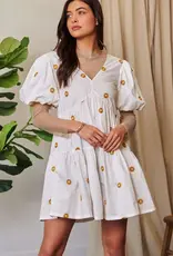 Daisy Floral Embroidered Puff Sleeve Denim Romper