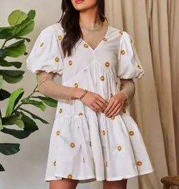 Daisy Floral Embroidered Puff Sleeve Denim Romper