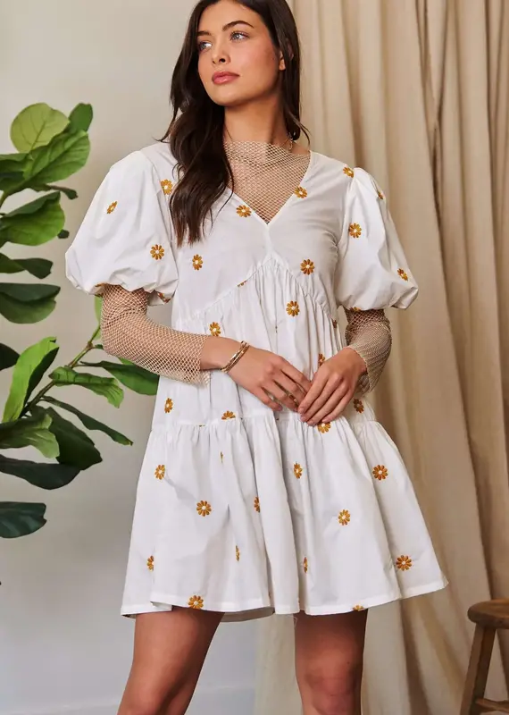 Daisy Floral Embroidered Puff Sleeve Denim Romper