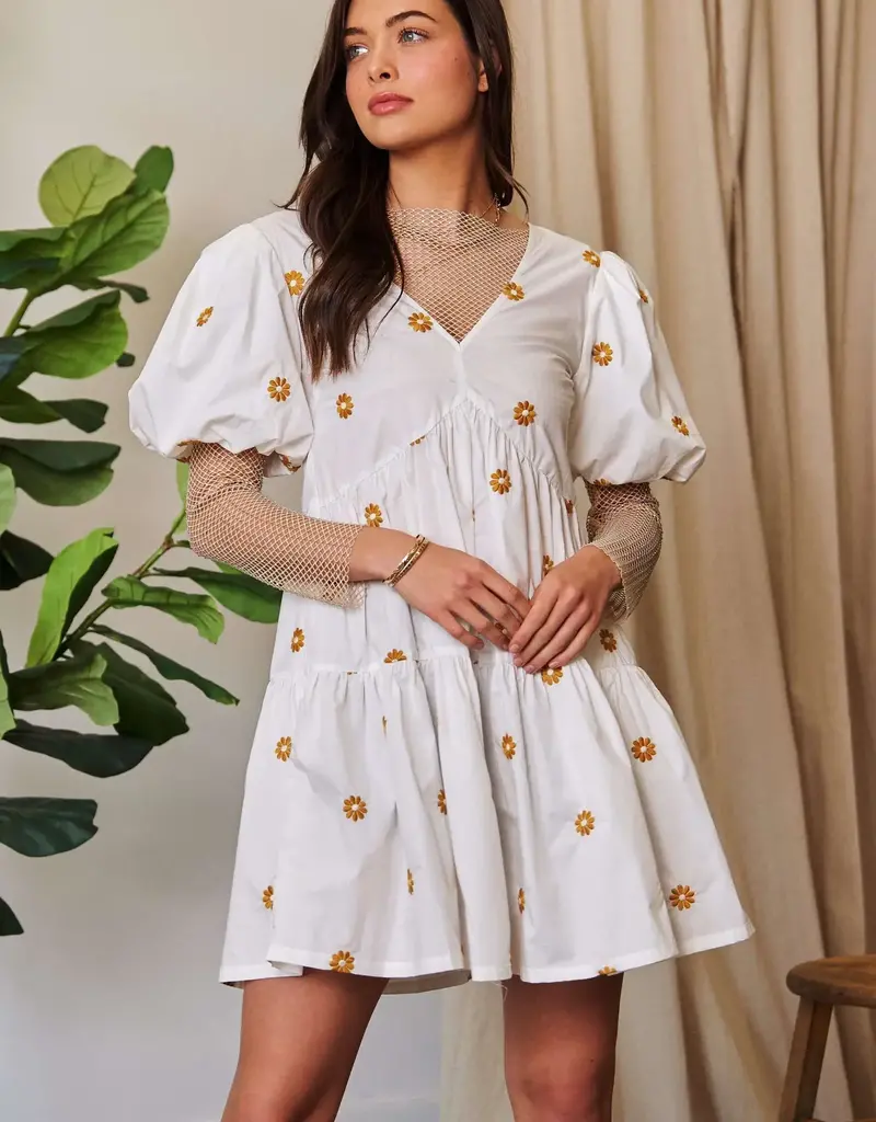 Daisy Floral Embroidered Puff Sleeve Denim Romper