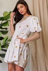Daisy Floral Embroidered Puff Sleeve Denim Romper