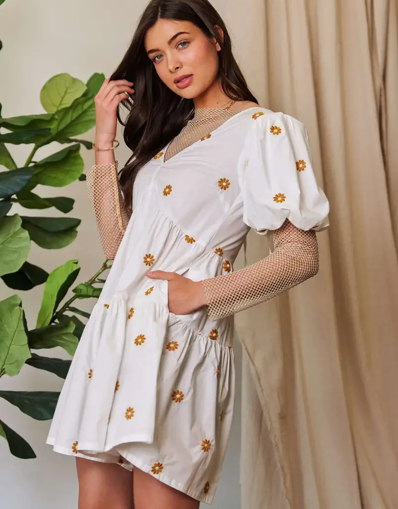 Daisy Floral Embroidered Puff Sleeve Denim Romper