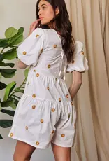 Daisy Floral Embroidered Puff Sleeve Denim Romper