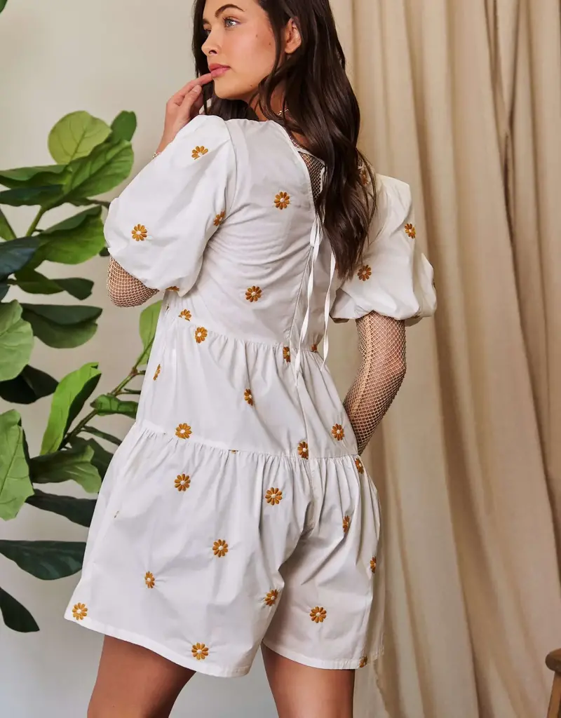 Daisy Floral Embroidered Puff Sleeve Denim Romper