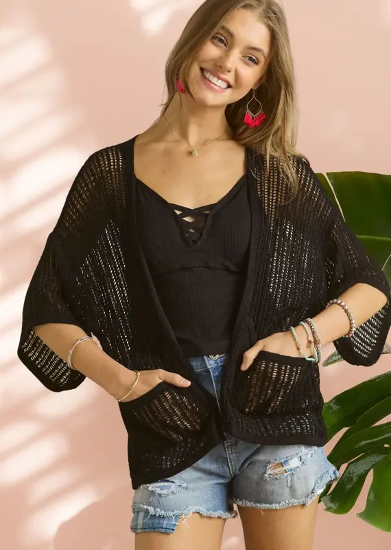 Fishnet Knit Cardigan With Front Pockets