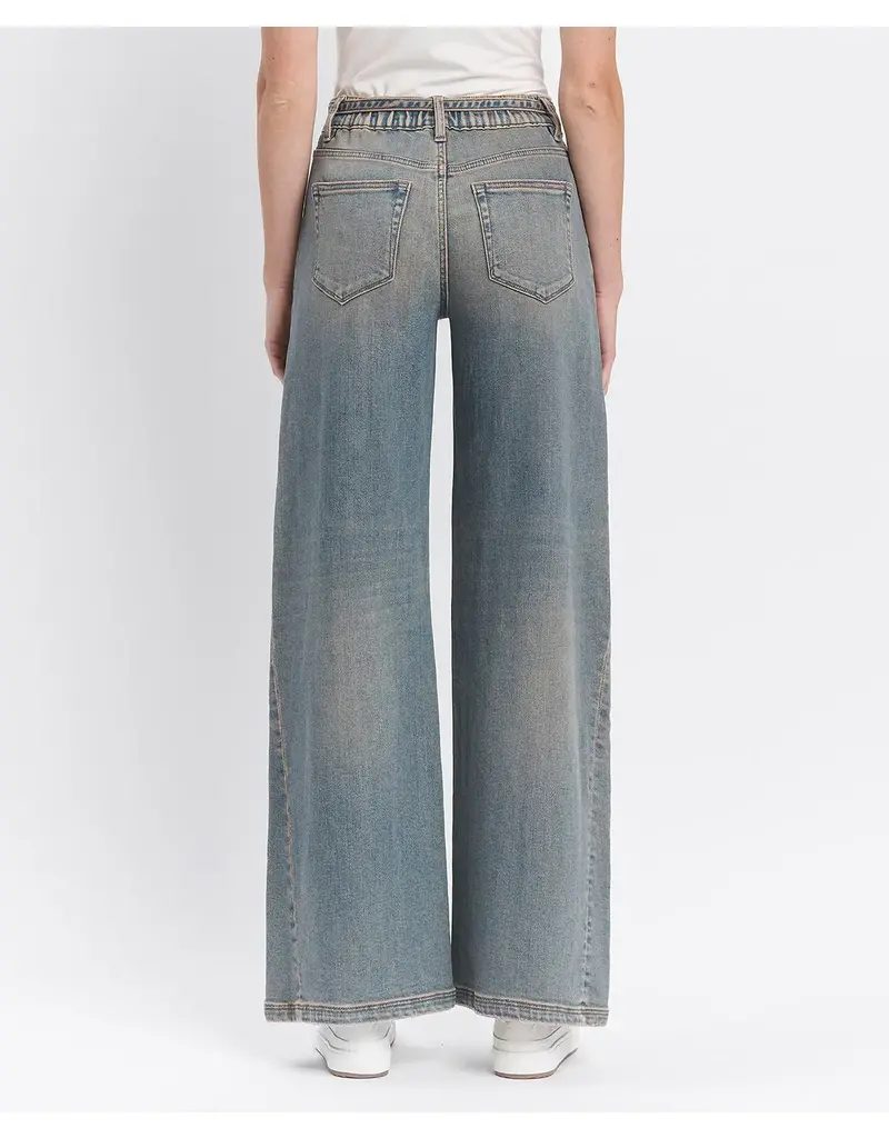 High Rise Tie Waistband Baggy Wide Jeans