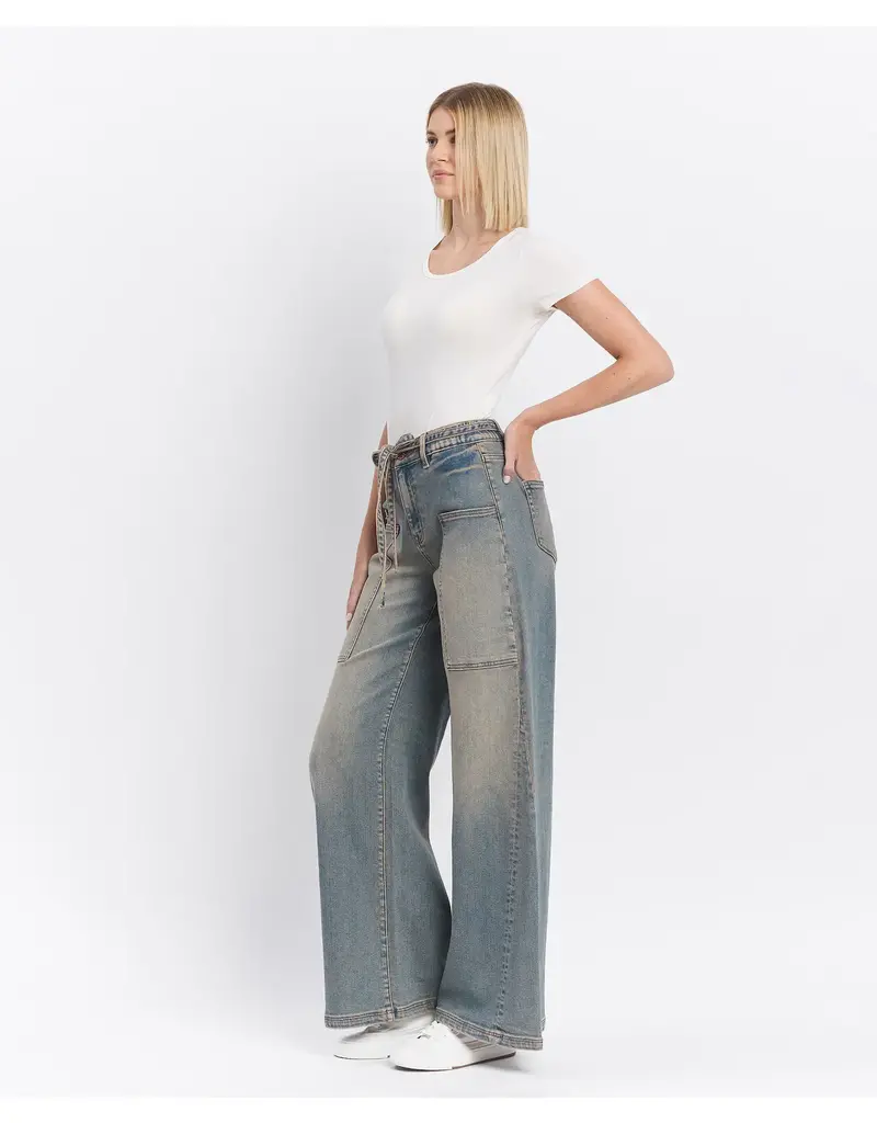 High Rise Tie Waistband Baggy Wide Jeans