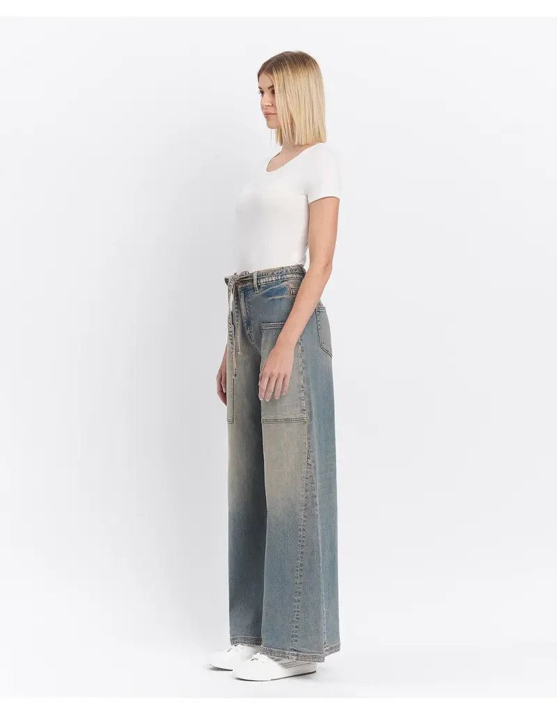 High Rise Tie Waistband Baggy Wide Jeans