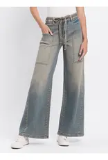 High Rise Tie Waistband Baggy Wide Jeans