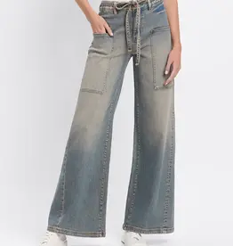 High Rise Tie Waistband Baggy Wide Jeans
