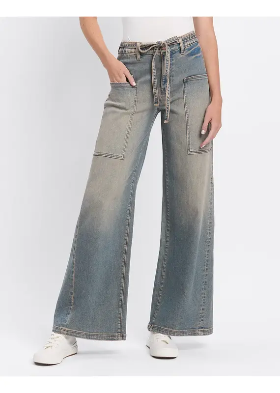 High Rise Tie Waistband Baggy Wide Jeans