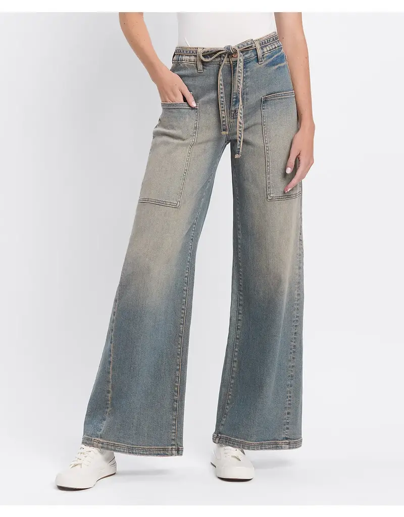 High Rise Tie Waistband Baggy Wide Jeans