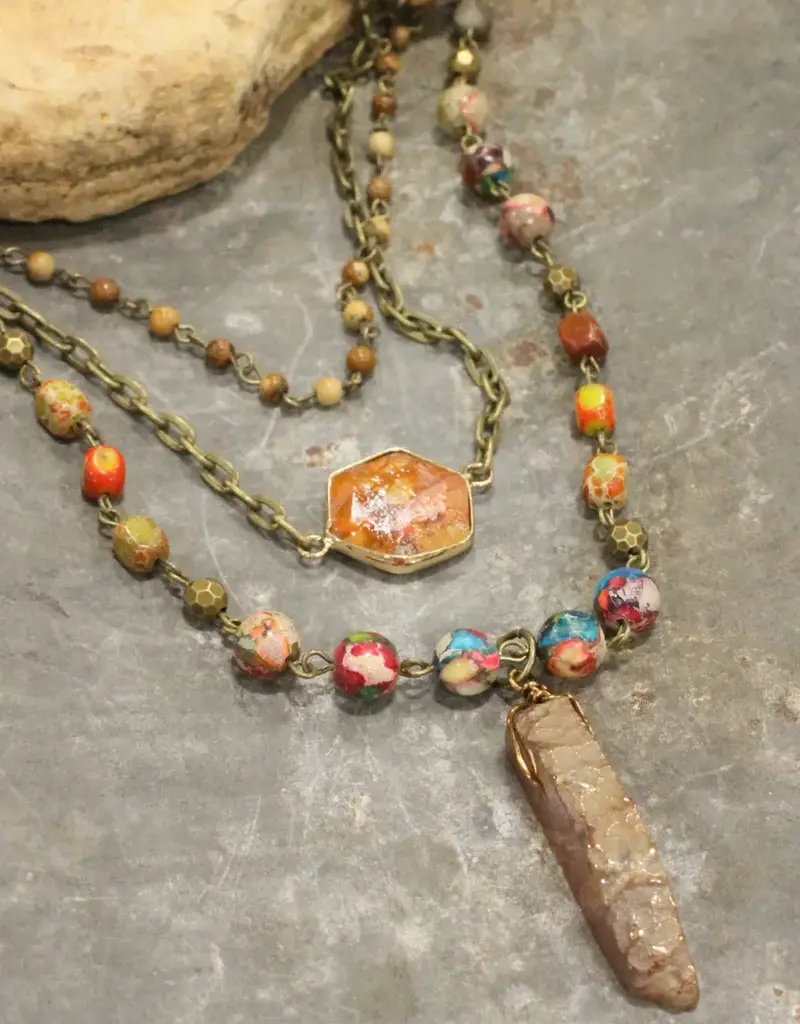 Bohemian Layered Rusty Orange Stone & Crystal Necklace