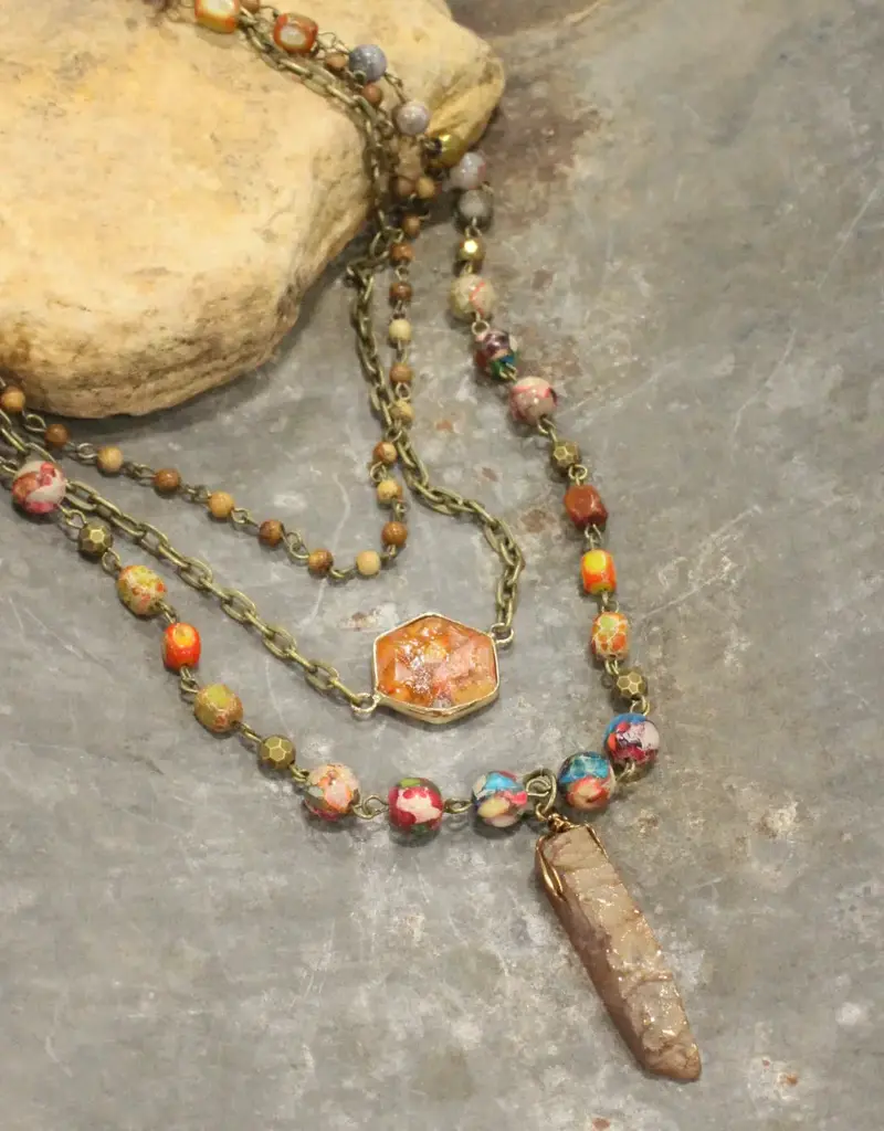 Bohemian Layered Rusty Orange Stone & Crystal Necklace