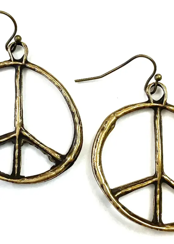 Peace Sign Dangle Earrings in Brass Ox
