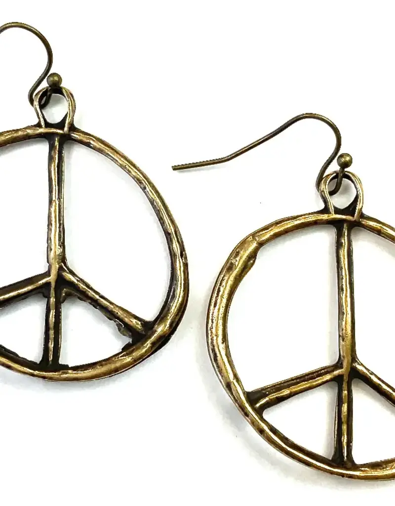 Peace Sign Dangle Earrings in Brass Ox