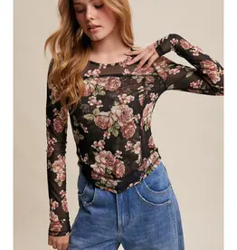 Floral Mesh Long Sleeve Layering Top