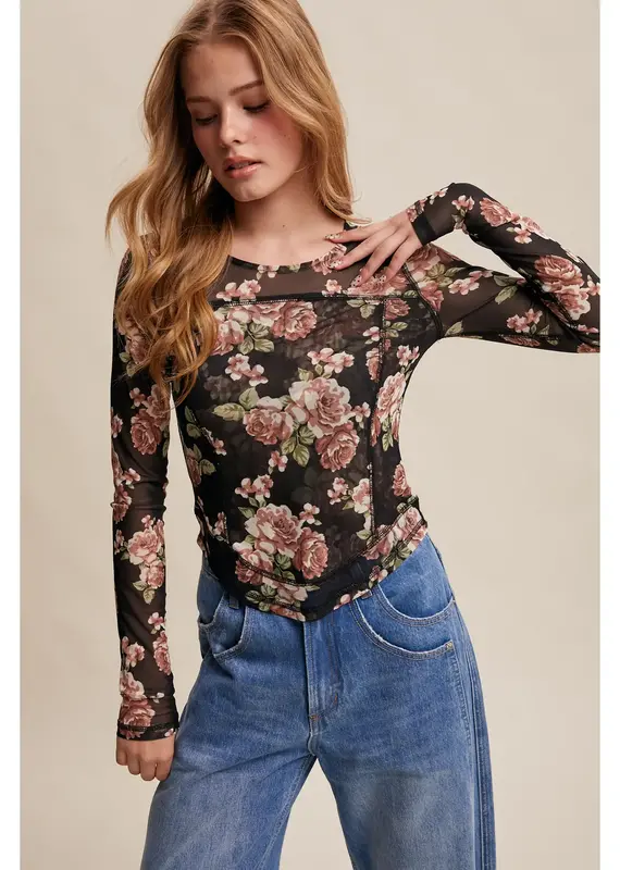 Floral Mesh Long Sleeve Layering Top