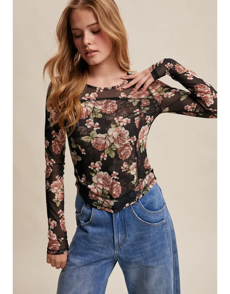 Floral Mesh Long Sleeve Layering Top