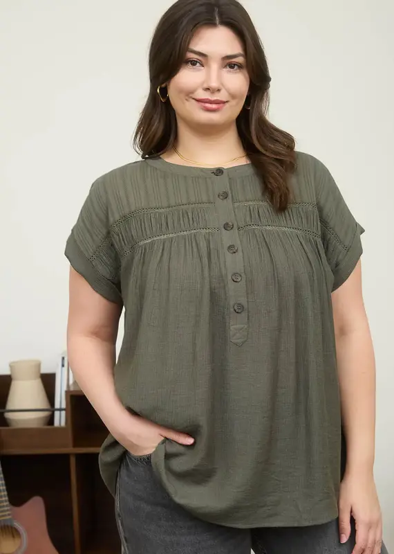 Eyelet Trim Button Henley Top