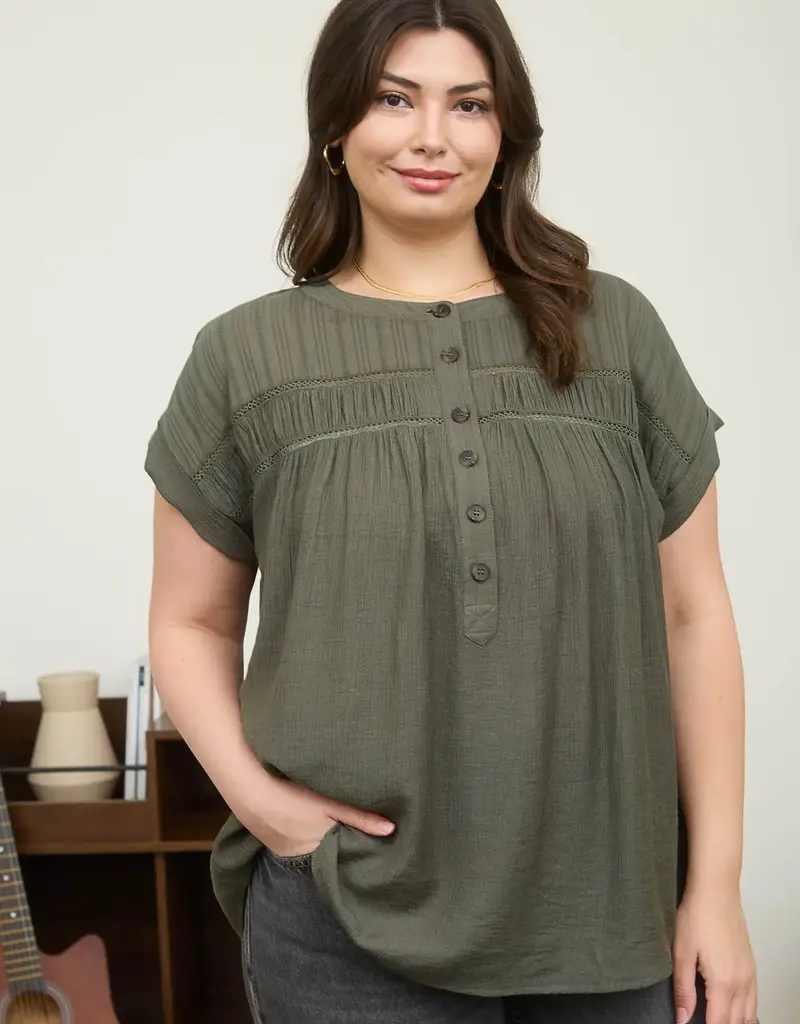 Eyelet Trim Button Henley Top