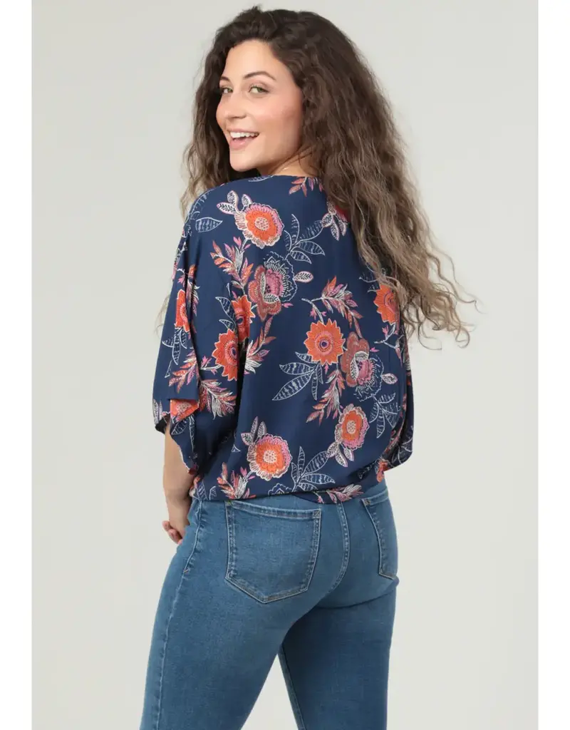 Smell the Flowers V Neck Kimono Sleeve Tie Waist Top