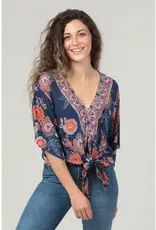 Smell the Flowers V Neck Kimono Sleeve Tie Waist Top